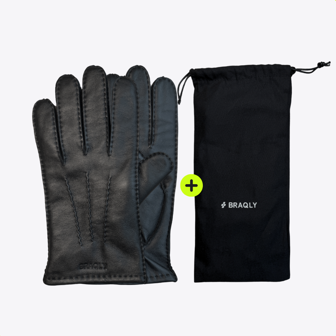 Leather Gloves with Soft Inner Lining - Black - 100% Wool Soft Lining - Size S