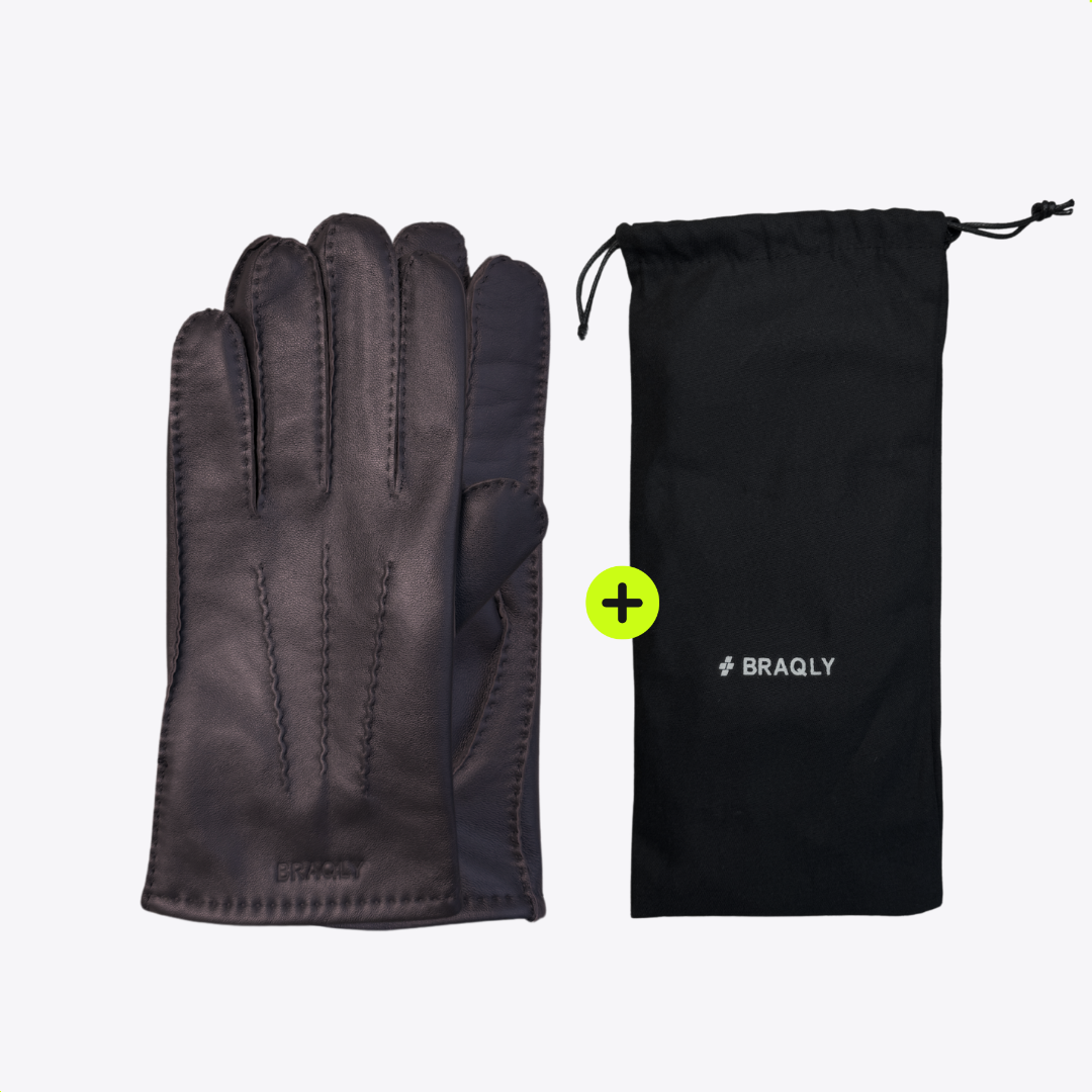 Leather Gloves with Soft Inner Lining - Dark Brown - 100% Wool Soft Lining - Size XL