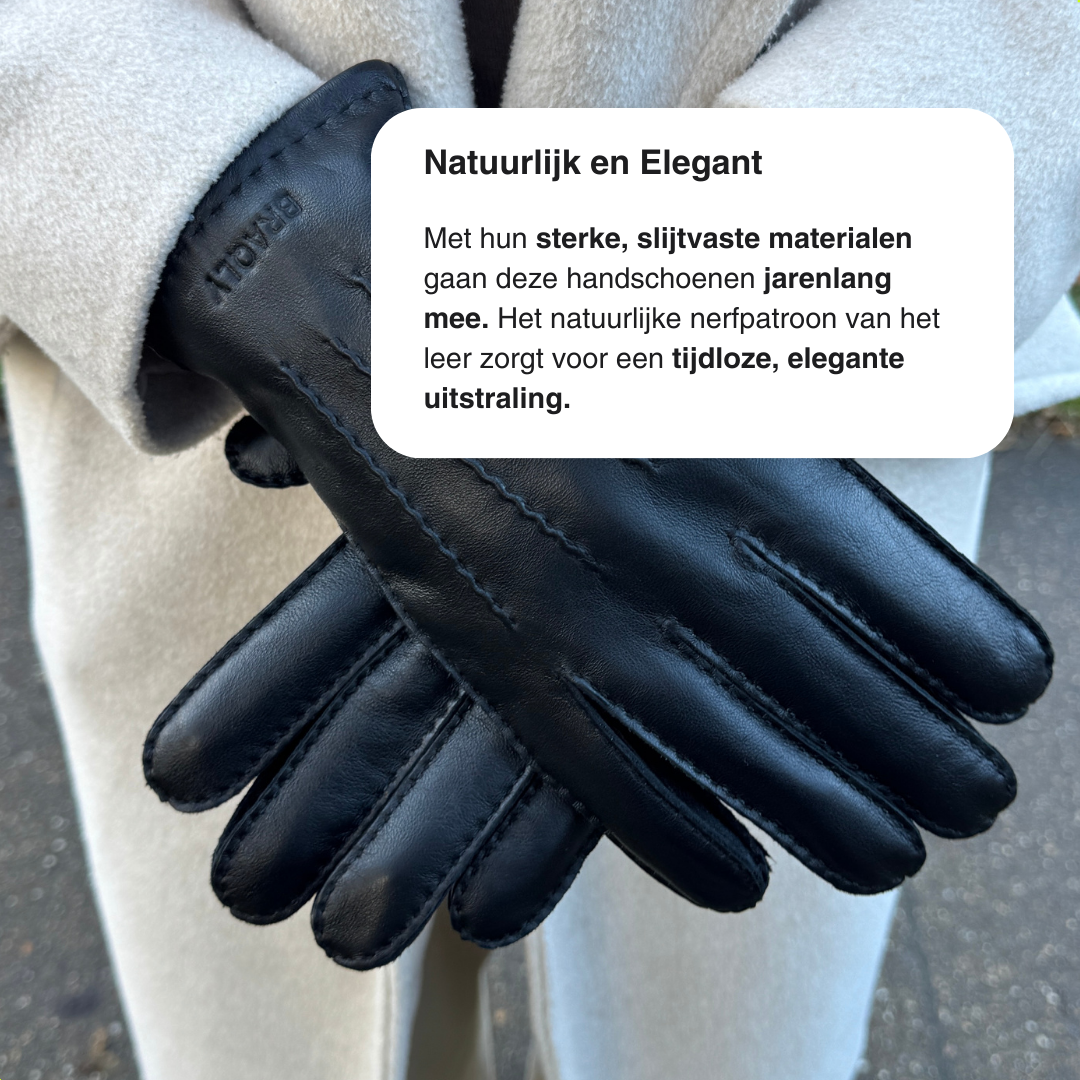 Leather Gloves with Soft Inner Lining - Black - 100% Wool Soft Lining - Size S