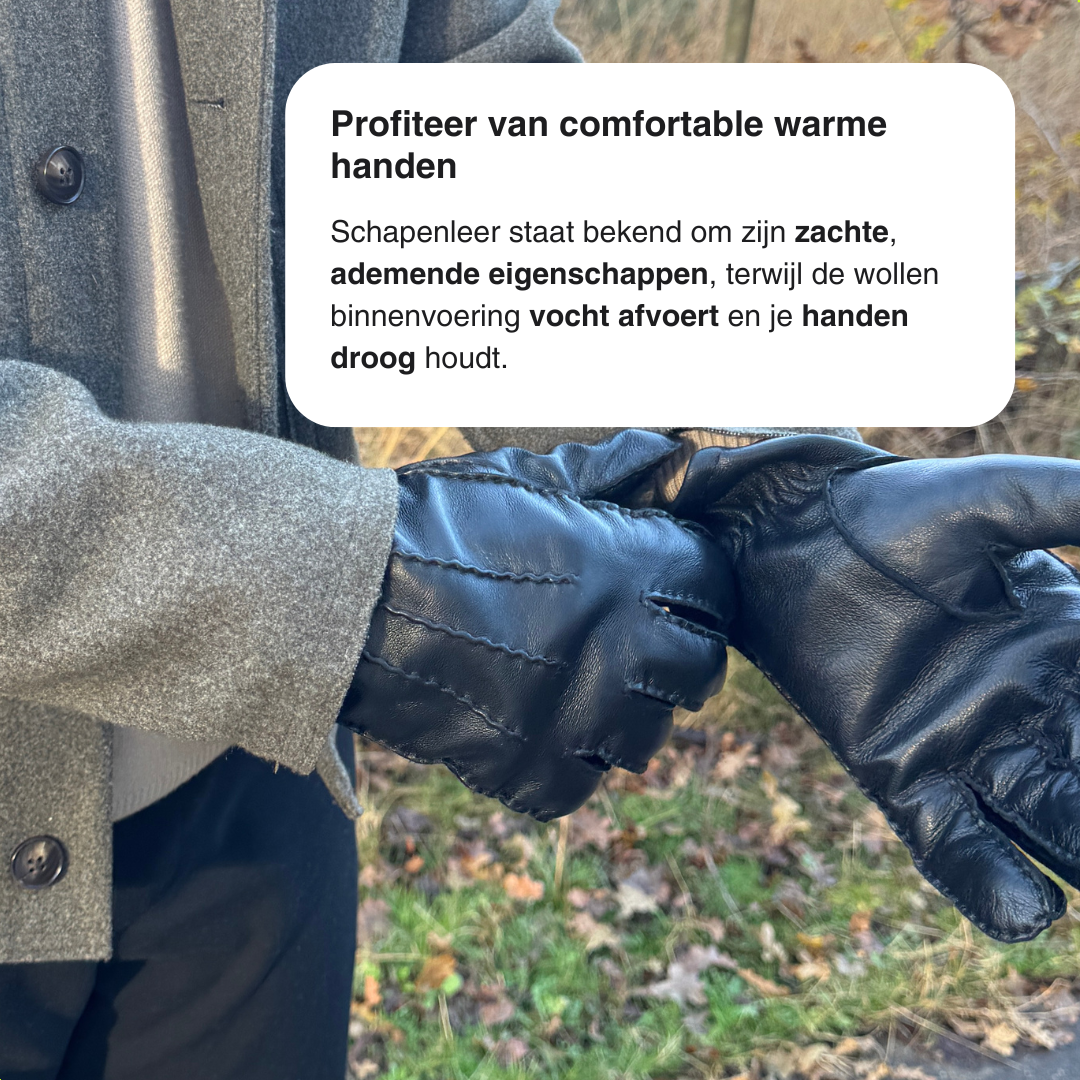 Leather Gloves with Soft Inner Lining - Black - 100% Wool Soft Lining - Size S