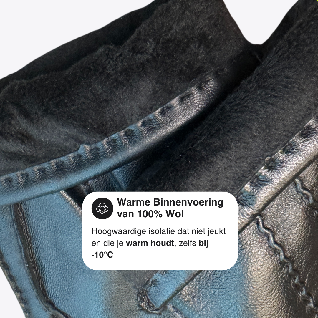Leather Gloves with Soft Inner Lining - Black - 100% Wool Soft Lining - Size S