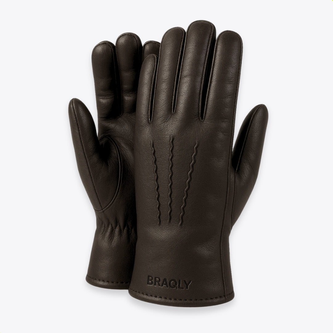 Leather Gloves with Soft Inner Lining - Dark Brown - 100% Wool Soft Lining - Size XL