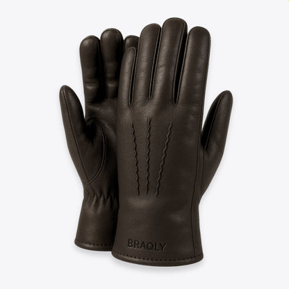 Leather Gloves with Soft Inner Lining - Dark Brown - 100% Wool Soft Lining - Size M