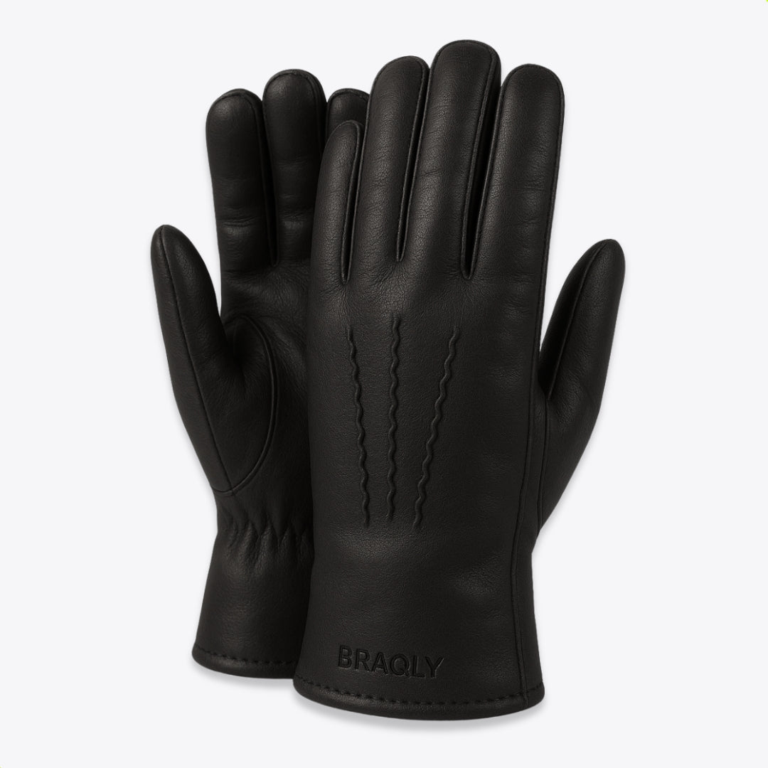 Leather Gloves with Soft Inner Lining - Black - 100% Wool Soft Lining - Size XL
