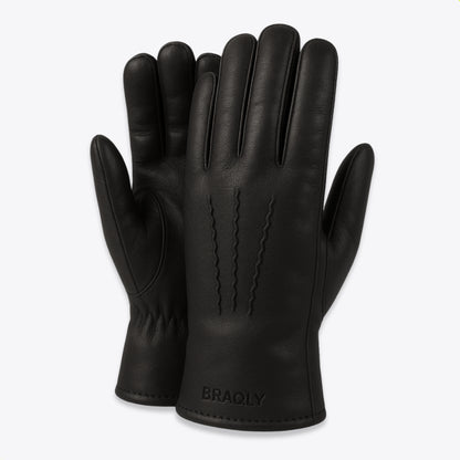 Leather Gloves with Soft Inner Lining - Black - 100% Wool Soft Lining - Size XL