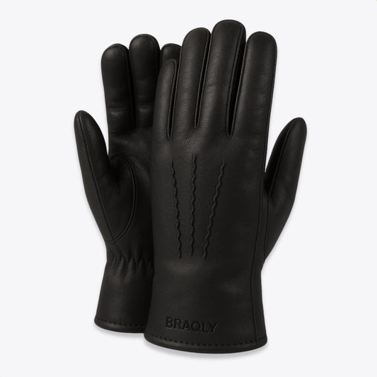 Leather Gloves with Soft Inner Lining - Black - 100% Wool Soft Lining - Size M