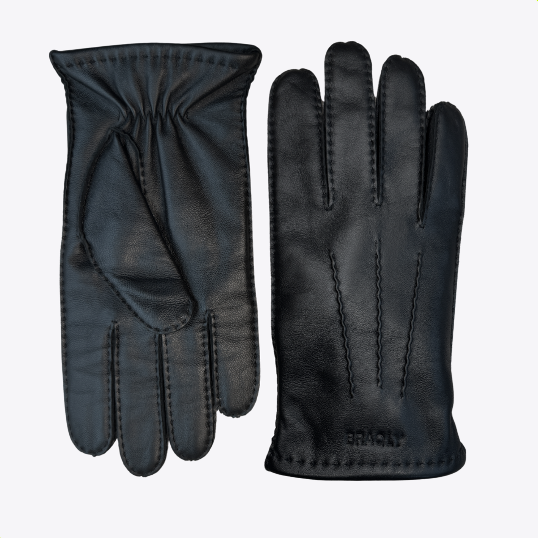 Leather Gloves with Soft Inner Lining - Black - 100% Wool Soft Lining - Size XL