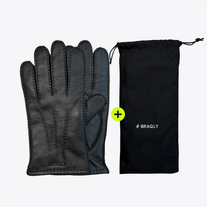 Leather Gloves with Soft Inner Lining - Black - 100% Wool Soft Lining - Size XL