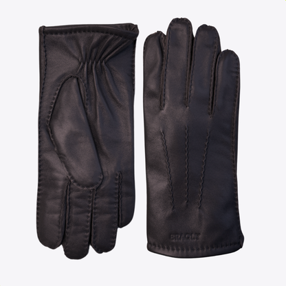 Leather Gloves with Soft Inner Lining - Dark Brown - 100% Wool Soft Lining - Size M