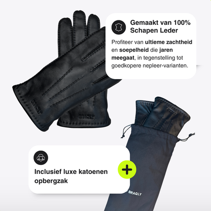 Leather Gloves with Soft Inner Lining - Black - 100% Wool Soft Lining - Size XL